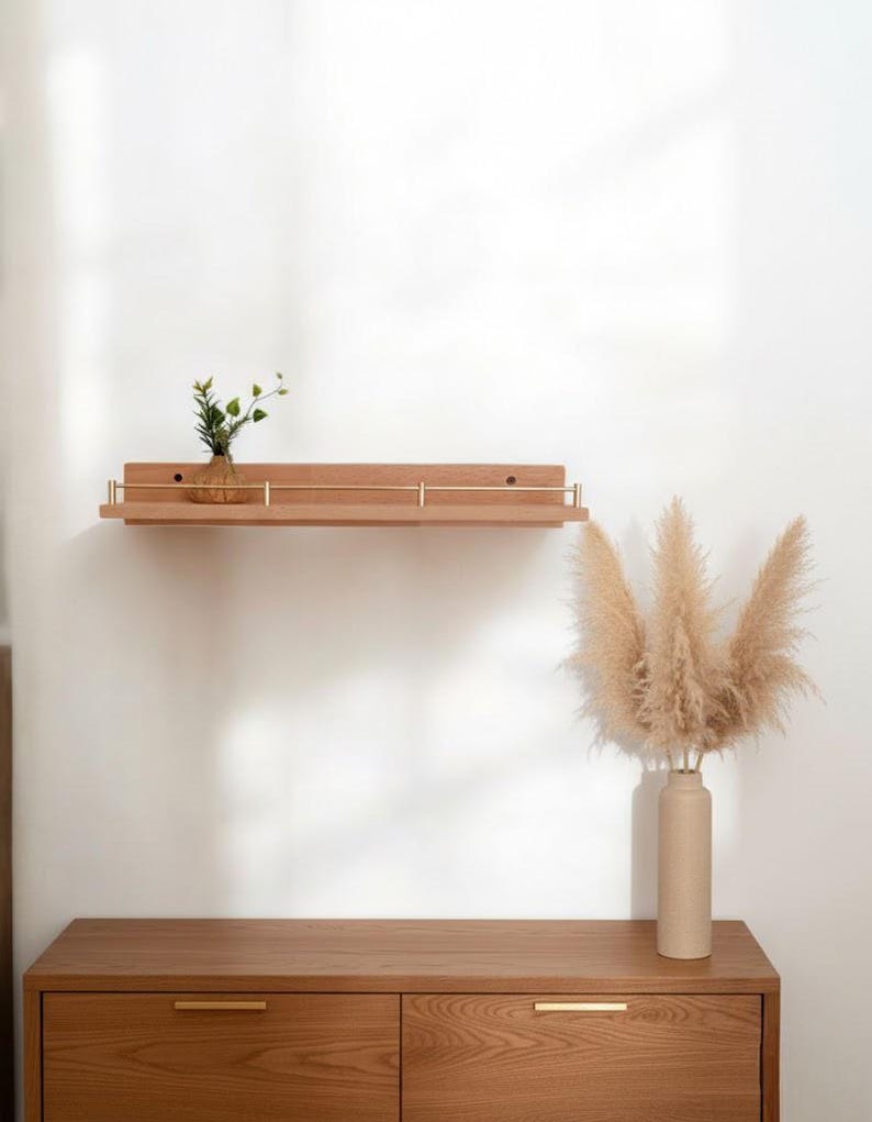 Floating Wall Shelves, Brass Gallery Rail Shelf, Custom Size Shelves Natural Clear Finish