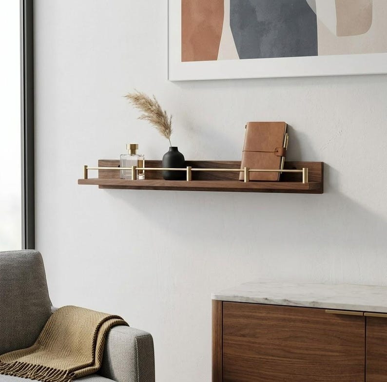 Floating Wall Shelves, Brass Gallery Rail Shelf, Custom Size Shelves image 3