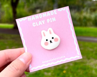 Handmade Bunny Clay Pin | Kawaii Backpack Accessory