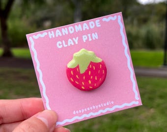 Handmade Strawberry Clay Pin | Backpack Accessory