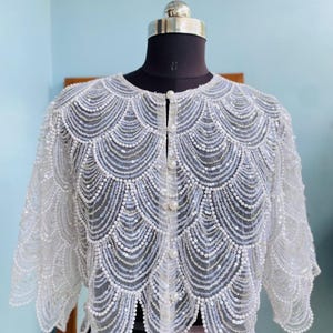 Sheer Handmade BridalWrap Jacket|Pearls Beaded Bridal Blouse| Bridal Separates| Wedding Dress Topper |Wedding Cover up | Bridal Pearl bolero