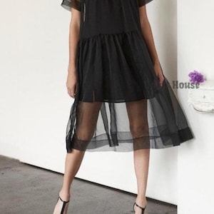 Organza Long Midi Dress Cover up/Overlay dress/Modern Formal Dark Black Sheer Double Layer Organza Midi Dress. Party dresses