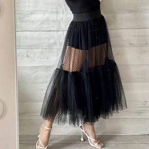 Sheer Dotted Tulle Mesh skirt/Black tulle sheer Tutu skirt /See Through Skirt with Unique Ruched Edge/Women&#39;s Tulle Layers Skirt/Doted Tulle