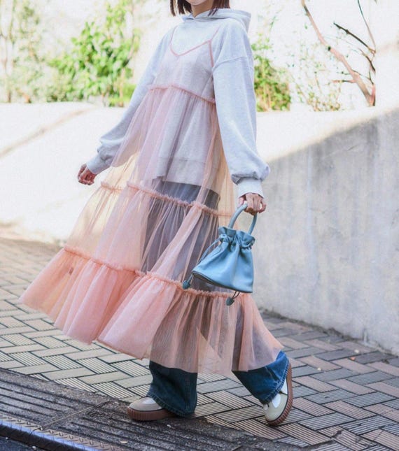 Fluffy Tulle Layer Midi Dress,See Through Dress,Sheer Dress,Beach Dress,Festival Dress,High Fashion Dress,Futuristic,Cocktail Party dress