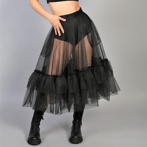 Sheer Tulle skirt/Black tulle sheer skirt with ruffles/See Through Skirt with Unique Ruched Edge/Dance party Skirt/Women&#39;s Tulle Skirt
