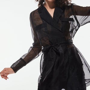 black sheer jacket for evening dress See Through Maxi Blazer, Shoulder Pad Sheer Blouse With Belt, Sheer Trench Coat, Long Chiffon Dress, Sheer Dress, Customize Chiffon Jacket
