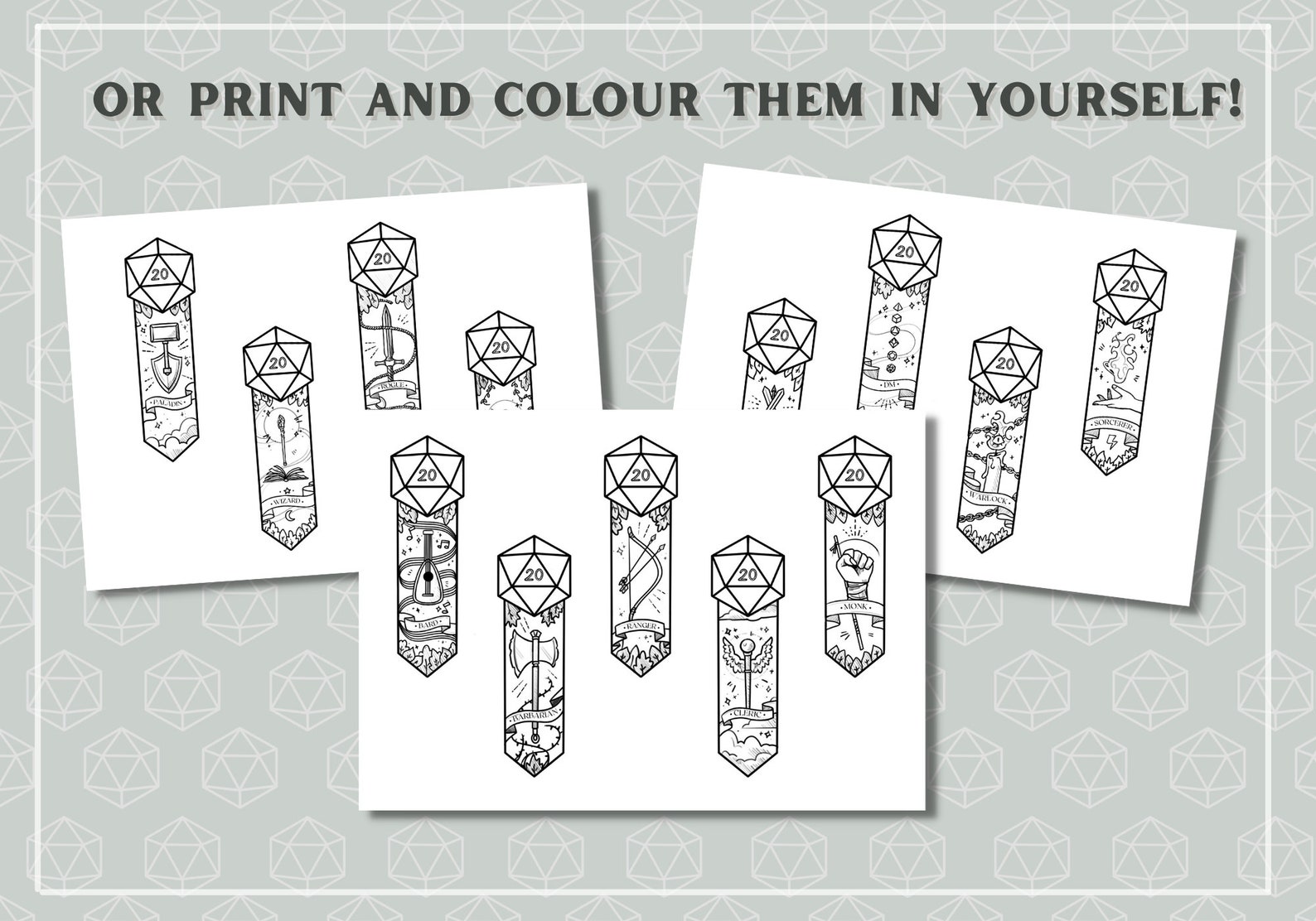 Printable Dungeons and Dragons D20 Class Bookmarks Coloured - Etsy