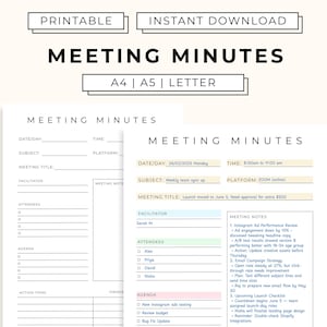 Plantilla imprimible de Actas de Reunión MOM / Plantilla de Agenda de Reunión / Notas de Reunión con Cliente / A4 / A5 / TAMAÑO CARTA / Descarga Instantánea