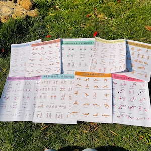 May include: A set of 10 exercise posters with illustrations of different exercises. The posters are laid out on a green grassy surface. The posters include exercises for stability ball, pilates, dumbbells, resistance bands, stretching, yoga, bodyweight, kettlebells, and barbells.