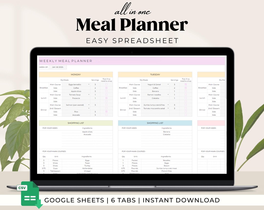 Weekly Meal Planner and Grocery List | Google Sheets Digital Template ...