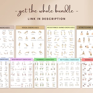 May include: A set of 10 printable workout posters featuring different exercise types, including Pilates, yoga, resistance band, stretching, stability ball, bodyweight, dumbbell, kettlebell, and barbell exercises. Each poster features a series of illustrations demonstrating various exercises.