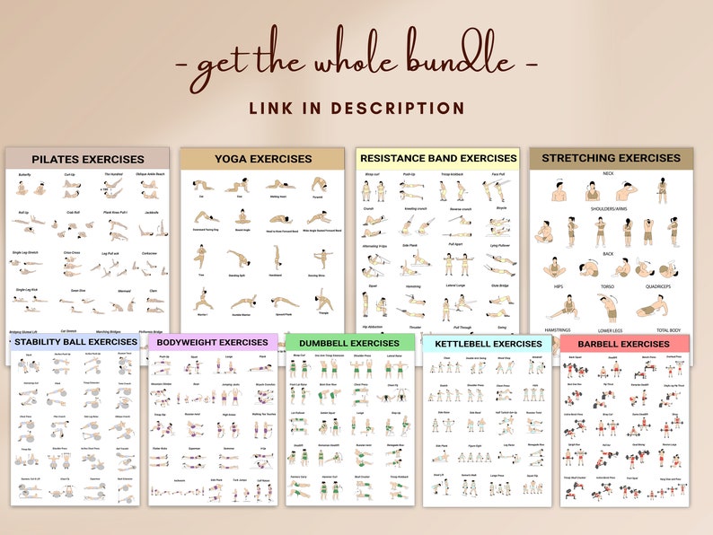 May include: A set of 10 printable workout posters featuring different exercise types, including Pilates, yoga, resistance band, stretching, stability ball, bodyweight, dumbbell, kettlebell, and barbell exercises. Each poster features a series of illustrations demonstrating various exercises.