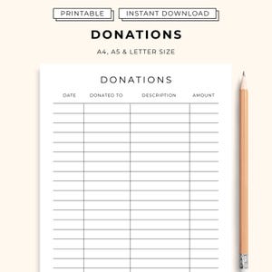 Donations Tracker Printable | Charity Donation Log PDF | Minimal Finance Planner | A4 Letter Size | Instant Download | Donation Sheet