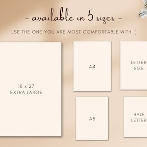 May include: Five different sizes of printable paper are shown, including extra large (18 x 27 inches), A4, letter, half letter, and A5. The text "available in 5 sizes" is written above the paper sizes.