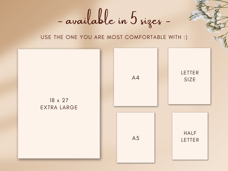 May include: Five different sizes of printable paper are shown, including extra large (18 x 27 inches), A4, letter, half letter, and A5. The text "available in 5 sizes" is written above the paper sizes.