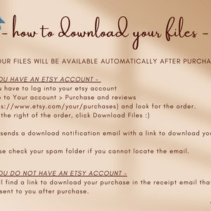 May include: A beige background with brown text explaining how to download digital files after purchasing from Etsy. The text includes instructions for downloading files if you have an Etsy account and if you do not have an Etsy account. The text is surrounded by floral illustrations.
