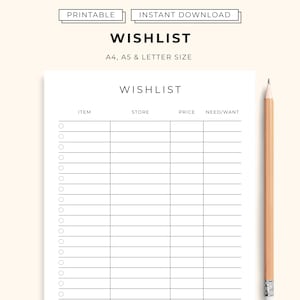 Druckbare Wunschliste | Minimale Wunschliste Planer PDF | Geschenkideen Liste | Haushalt freundlich | A4 A5 Letter Format | Sofort Download PDF