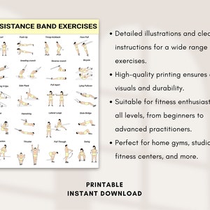 May include: A printable chart with illustrations of 16 resistance band exercises. The chart includes the name of each exercise and a visual representation of how to perform it. The chart is titled "Resistance Band Exercises" and includes the text "Printable Instant Download".