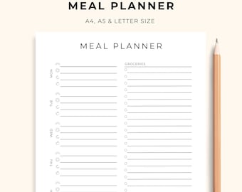 Planificador de comidas semanal imprimible: Diseño minimalista, lista de la compra (descarga digital)