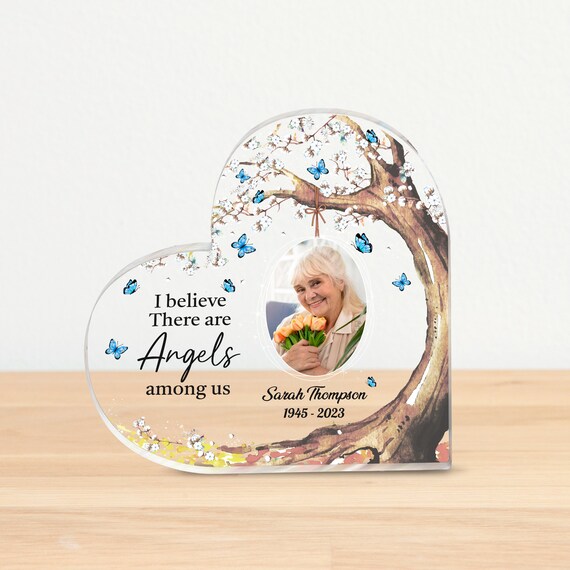 Personalized Memorial Gifts, I Believe There Are Angels Among Us, Heart Shaped Acrylic Plaque, Loss Of Loved One, Remember Photo Gift