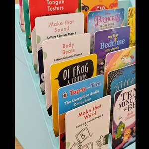 Puede incluir: Una colecci&oacute;n de libros y colecciones de audio para ni&ntilde;os en un organizador azul claro. Los libros tienen portadas coloridas con t&iacute;tulos como "Princess Storybook Collection", "Oi Frog & Friends" y "Ten Minutes to Bed".