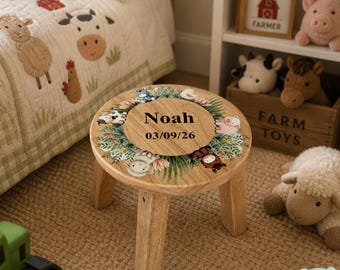 Taburete de madera personalizado con el nombre del bebé y temática de granja, decoración para la habitación infantil, regalo personalizado para baby shower, temática de animales y granja, accesorio para la habitación del niño pequeño.