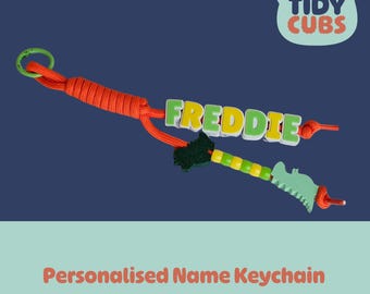 Personalised Dinosaur Keychain Custom Accessory with Beaded Name Tag and Bag Charm Kids Backpack Decor for boy School Bag Purse Keyring Gift