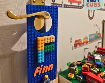 Custom Building Brick Bedroom Door Hanger - Personalized Kids Room Decor for Nursery Compatible with Brick Toys