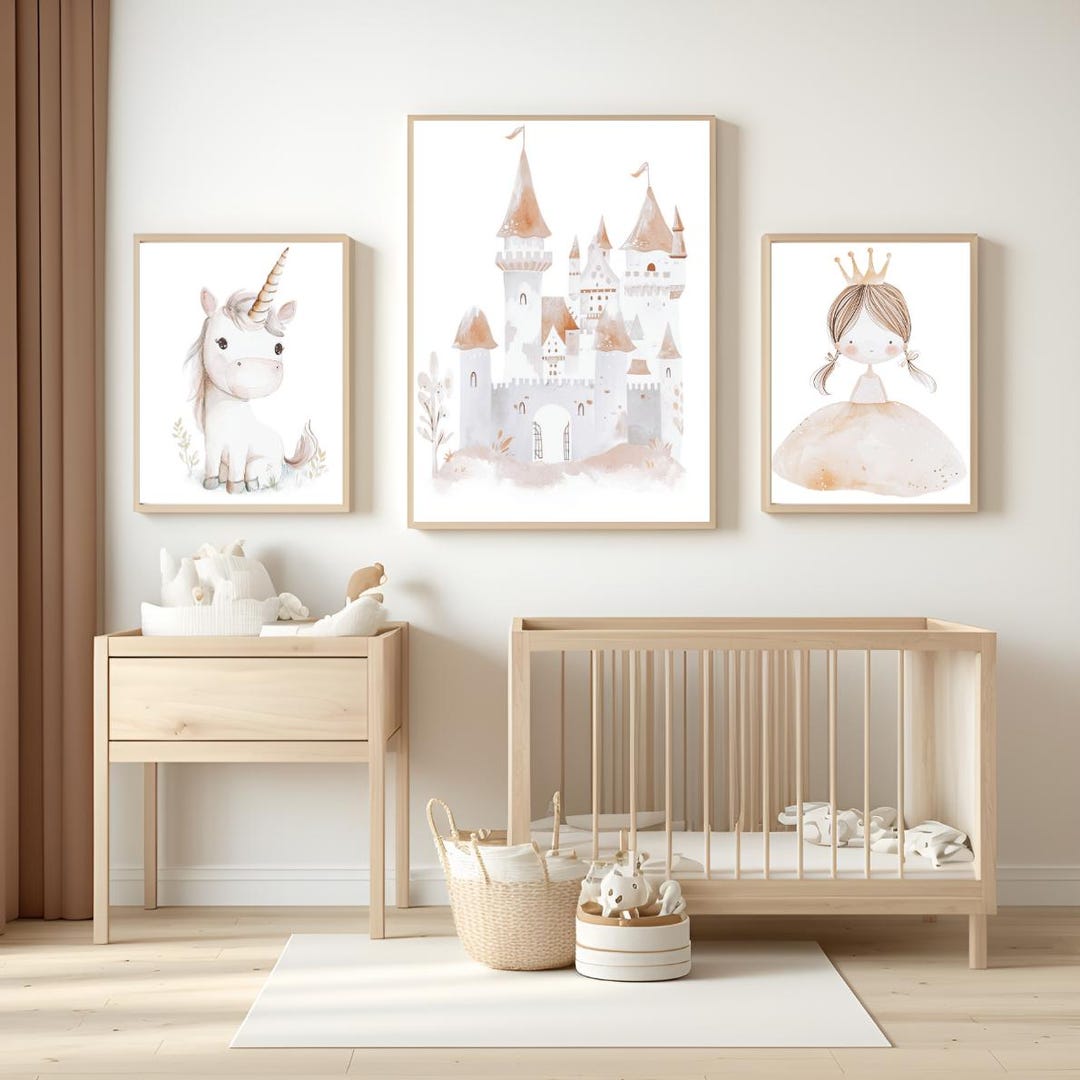 Fairytale Princess Nursery Wall Art Printable, Beige Watercolor Boho ...