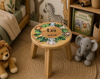 Personalised Safari Theme Wooden Baby Name Stool, Nursery Decor, Custom Baby Shower Gift, Animal and Jungle Theme, Toddler Room Accessory