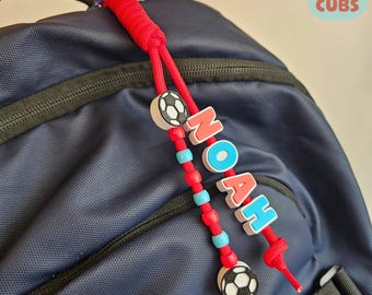 Personalised Football Keychain Custom Accessory with Beaded Name Tag and Bag Charm Kids Backpack Decor for boy School Bag Purse Keyring Gift