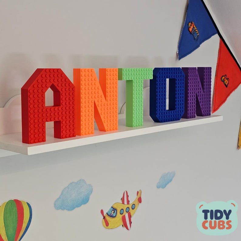 Custom Lego Name Sign Building Brick Letters Wall Display Nursery Room Decor Plastic Construction Pieces Twenty Color Options Personalized Baby Gift Mountable Design Freestanding Option Premium Quality Build Infant Room Decoration Modern