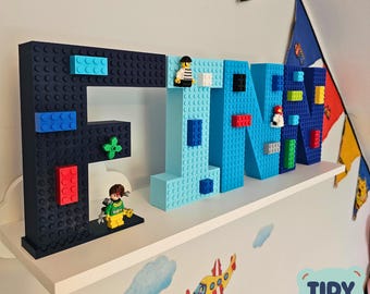 Large 18cm Building Brick Letter Name Sign - Personalized Kids Room Decor Free Standing Name Display for Nursery Compatible with Brick Toys