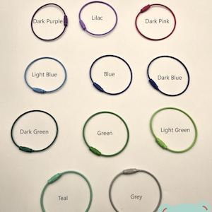 May include: Assortment of ten colorful key rings in various colors including lilac, dark purple, dark pink, light blue, blue, dark blue, dark green, green, light green, teal, and grey. The key rings are made of metal and have a small metal loop at the top.