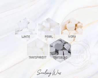 May include: An assortment of sealing wax in various colors, including white, pearl, ivory, transparent, and gainsboro, displayed in hexagonal containers. The text "Sealing Wax" is at the bottom of the image.
