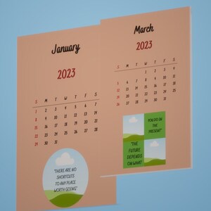 Calendário 2023 para impressão com lindas cores e citações motivacionais para inspirar você todos os dias. Tamanho A4 e Carta EUA