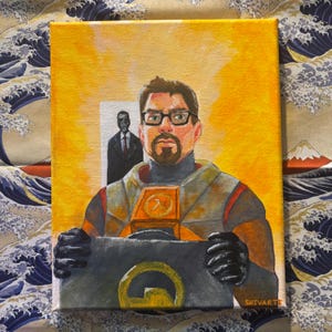 Puede incluir: Pintura sobre lienzo que representa a un hombre con gafas y perilla, con un uniforme negro y naranja, sosteniendo un maletín gris. El fondo es amarillo con la silueta de un hombre con traje. La pintura está firmada "SHIVARTS".