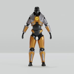 Op de afbeelding: Een futuristisch actiefiguur in zwart, goud en zilver. Het figuur heeft een zwarte kop en lichaam, met gouden en zilveren pantser. Een geel symbool staat op de borst. Het figuur staat rechtop.