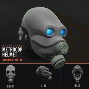 Könnte beinhalten: Eine graue Half-Life 2 Metrocop-Helm 3D-druckbare STL-Datei mit leuchtend blauen Augenlinsen und einem runden Filter an der Vorderseite. Die Darstellung zeigt den Helm aus der Vorder-, Seiten- und Rückansicht mit glattem, abgerundetem Design.