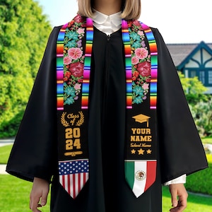 Personalized Mexican Stole, Custom Mexican Graduation Stole, Mexican Stole Graduation Class Of 2024, Mexican Graduation Sash TD-0411-QSBH