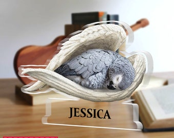 Custom African Grey Parrot Angel Wing Acrylic Plaque, Grey Parrot Acrylic Keepsake Lover Gift, Sleeping Angel Acrylic Plaque ID-0812-KLMB