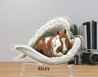 Personalized Horse Angel Wings Acrylic Plaque, Horse Acrylic Keepsake, Horse Lovers Gift, Horse Sleeping Desk Acrylic Plaque TD-0331-Q0VZ