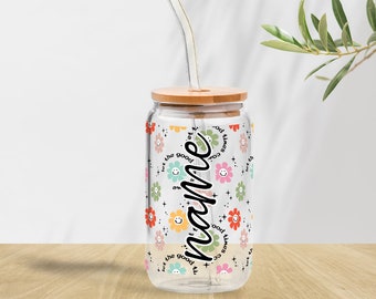 Personalized Retro Flower Iced Coffee Cup, Retro Flower Glass With Lid Straw,16oz Glass Cup, Party Favor, Custom Glass Tumbler ID-0721-ADMY