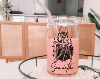 Personalized Skeleton Reading Book Iced Coffee Cup, Glass Can With Lid Straw, 16oz Glass Cup, Party Favor, Custom Glass Tumbler TD-0721-QSHW