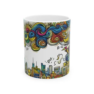 Vibrant Doodle Ceramic Mug, Colorful Coffee Cup, Art Lover Gift, Unique Drinkware, Creative Tea Mug, Cool Home Decor