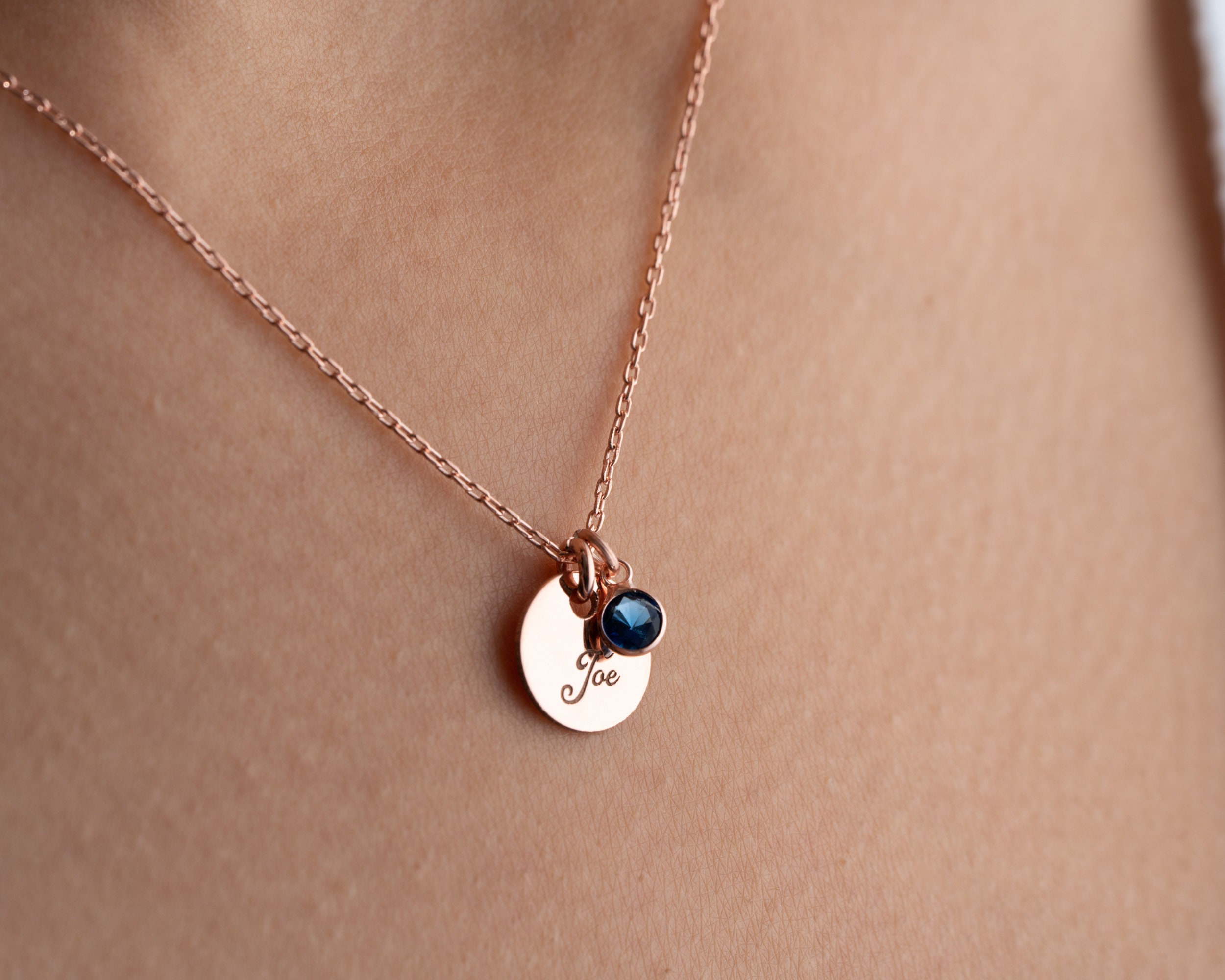 Personalized Name and Birthstone Necklace, Disc Name Necklace, Engraved