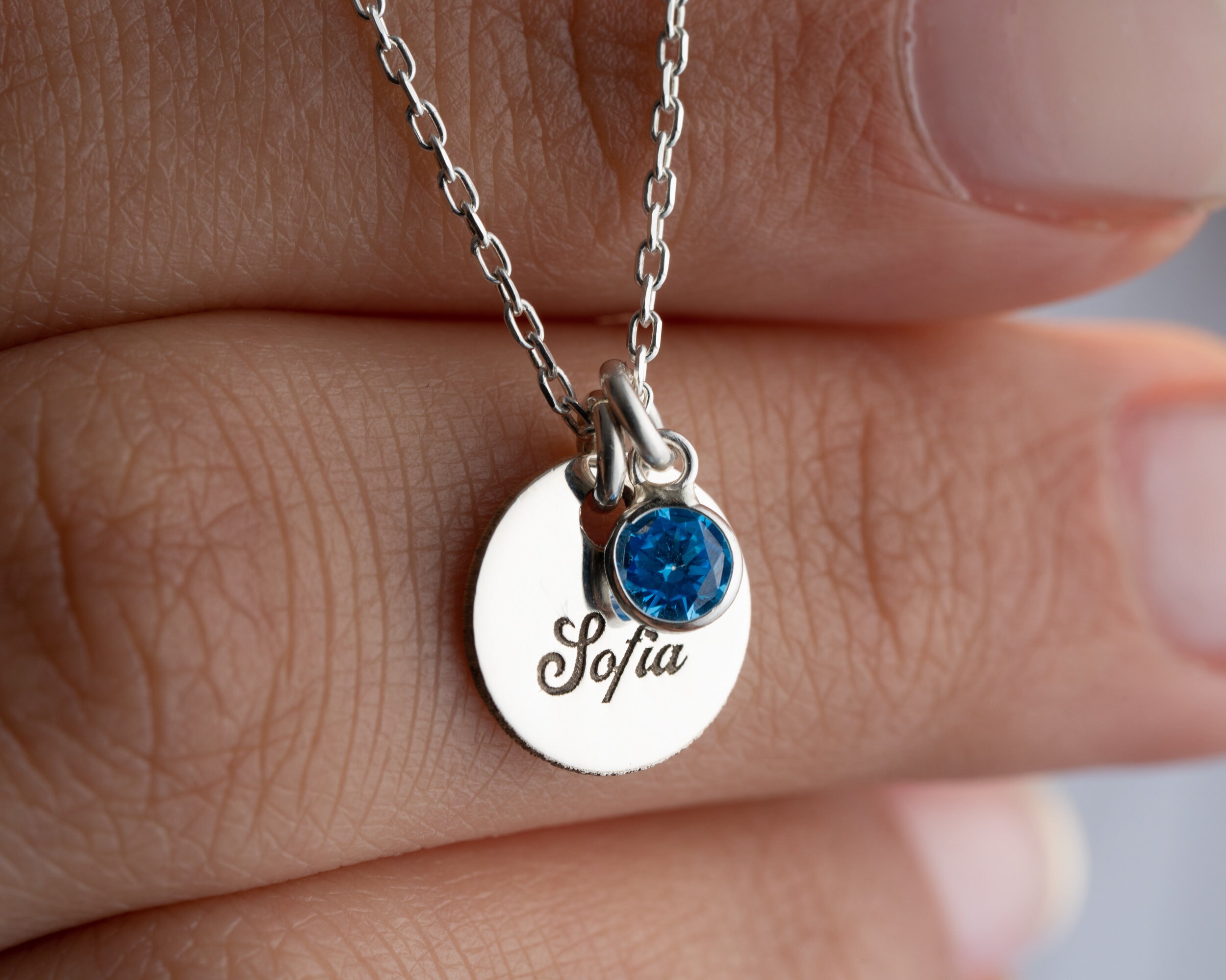 Personalized Name and Birthstone Necklace, Disc Name Necklace, Engraved