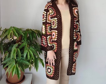 Cardigan Sweater, Crochet Long Sleeve Top, Knitted Cardigan, Crochet Pullover, Granny Square Sweater, Handmade Granny Square Pullover,