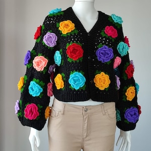 Handmade Crochet Rose Cardigan: Colorful Granny Square, Chunky Knit