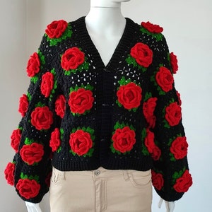 Crochet Red Rose Cardigan: Handmade Chunky Winter Clothing